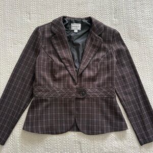 Karin Stevens Fitted Blazer Jacket M Purple and Brown Plaid Vintage 2000s